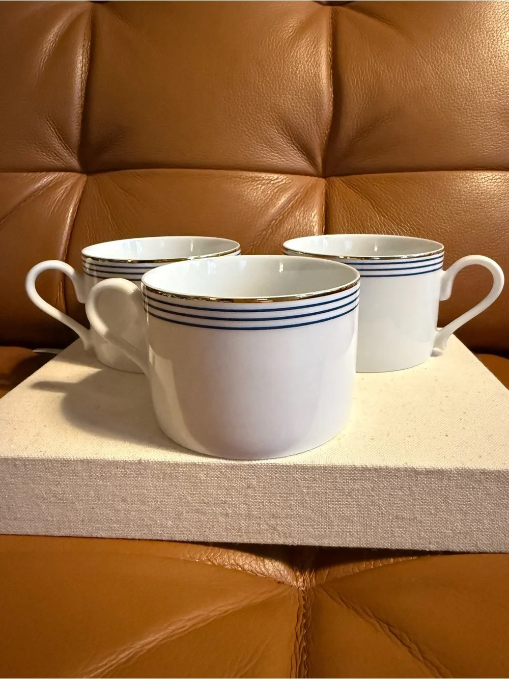 Pottery Barn Vintage Blue Stripe Gold Rim Porcelain Mugs Set of 3